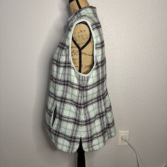 J Jill Blue Plaid Curved Hem Puffer Vest Size L Pockets Fleece Lined Cozy Preppy - Picture 8 of 11